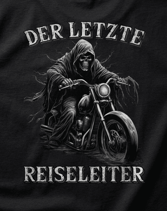 Eine Nahaufnahme eine schwarzes TShirts mit dem Spruch der letzte Reiseleiter