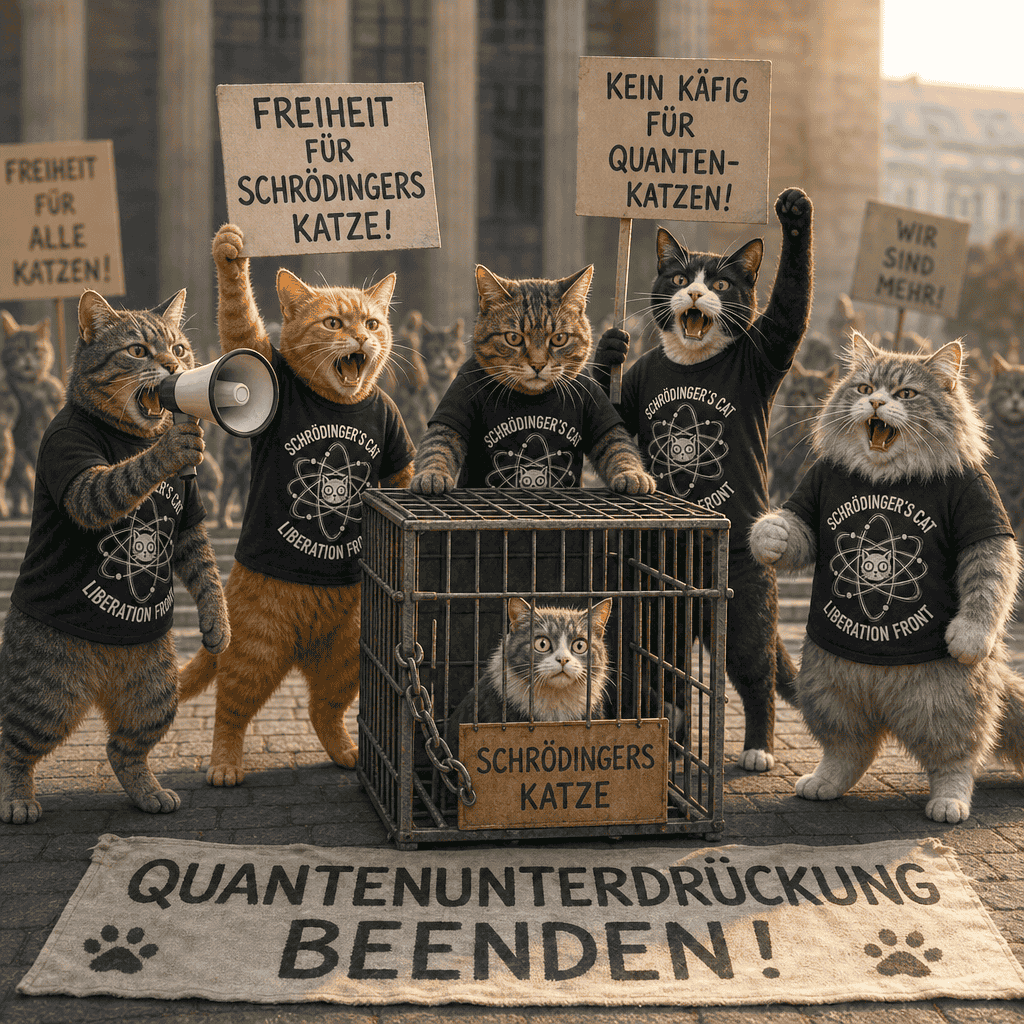 5 demonstrierende Katzen mit den Shirts Schrödinger's Cat Liberation 