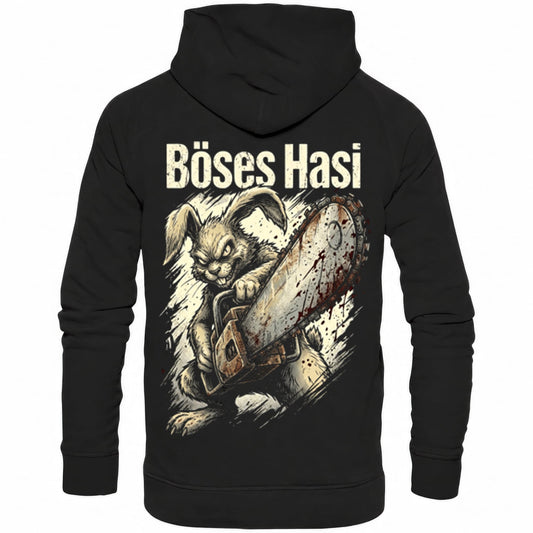 Schwarzer Hoodie mit sarkastischem Spruch Böses Hasi II Rückansicht