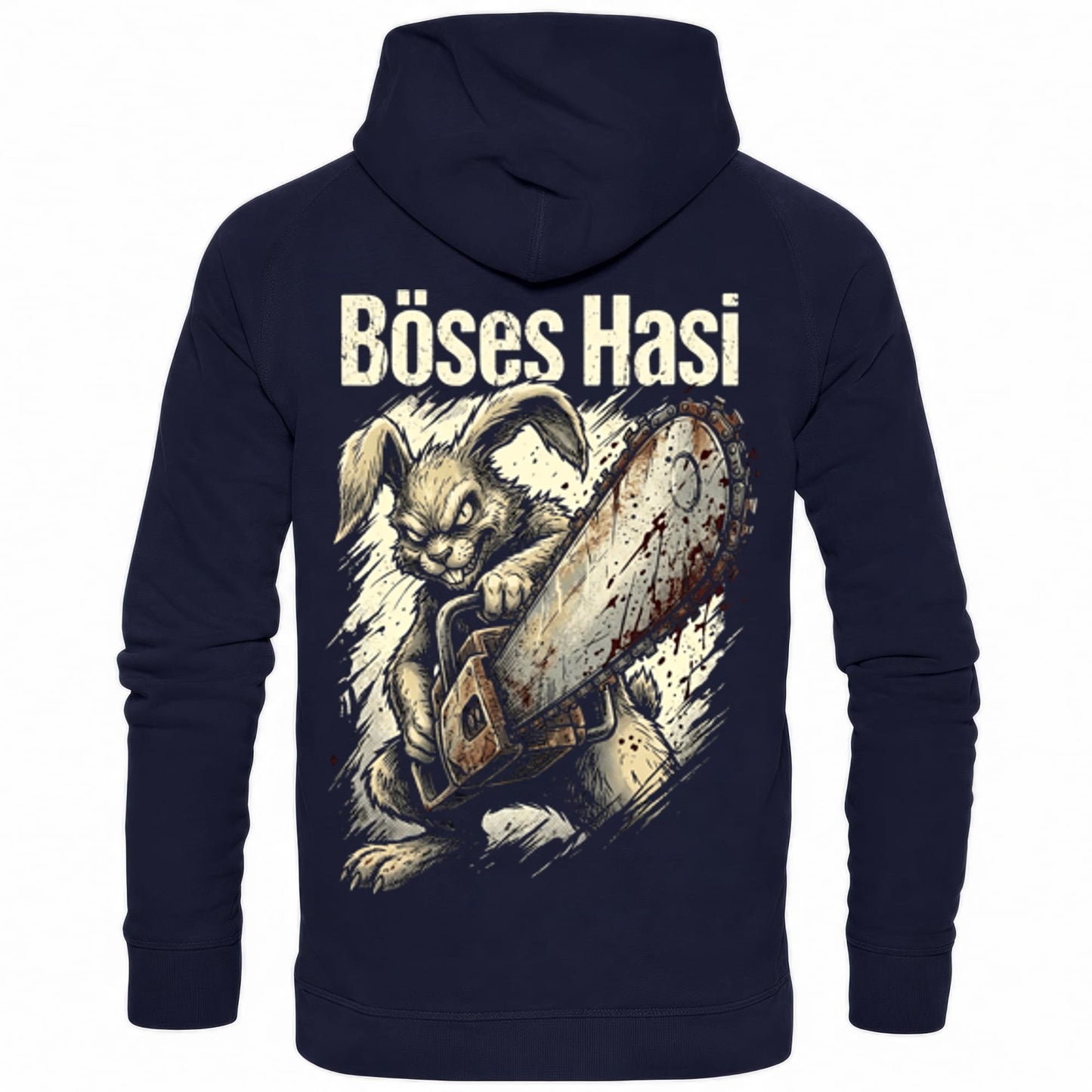 Blauer Hoodie mit sarkastischem Spruch Böses Hasi II Rückansicht