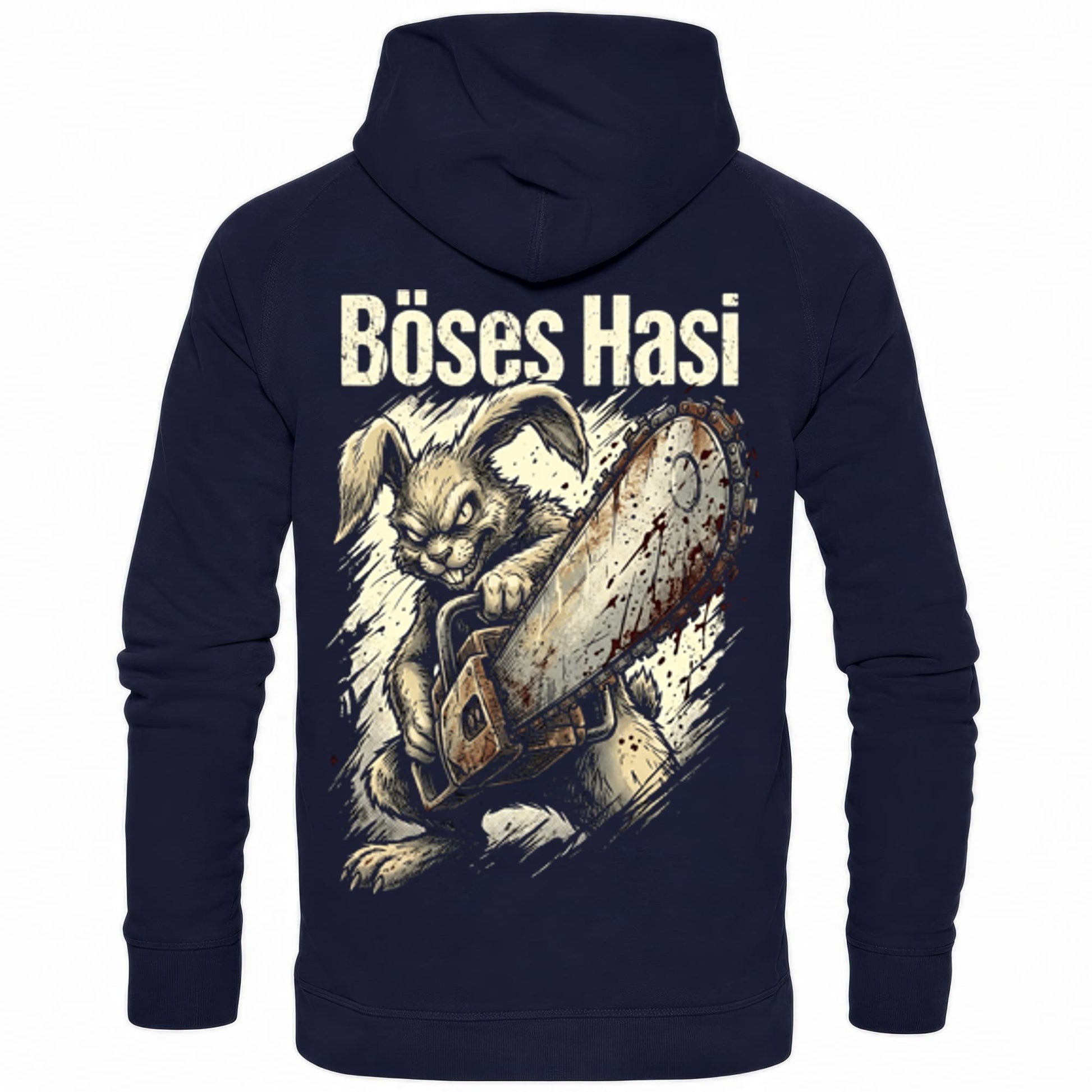 Blauer Hoodie mit sarkastischem Spruch Böses Hasi II Rückansicht