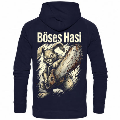 Blauer Hoodie mit sarkastischem Spruch Böses Hasi II Rückansicht