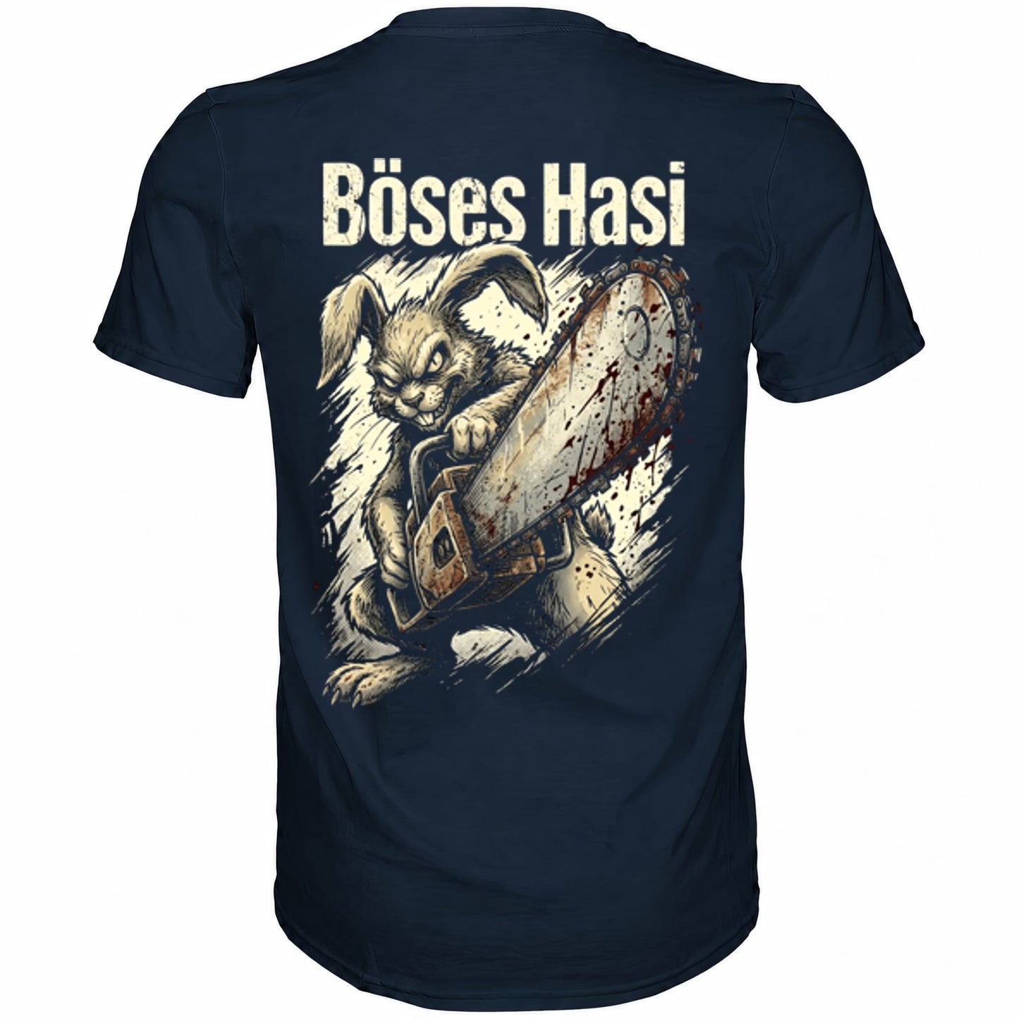Blaues T-Shirt mit sarkastischem Spruch Böses Hasi II Rückansicht