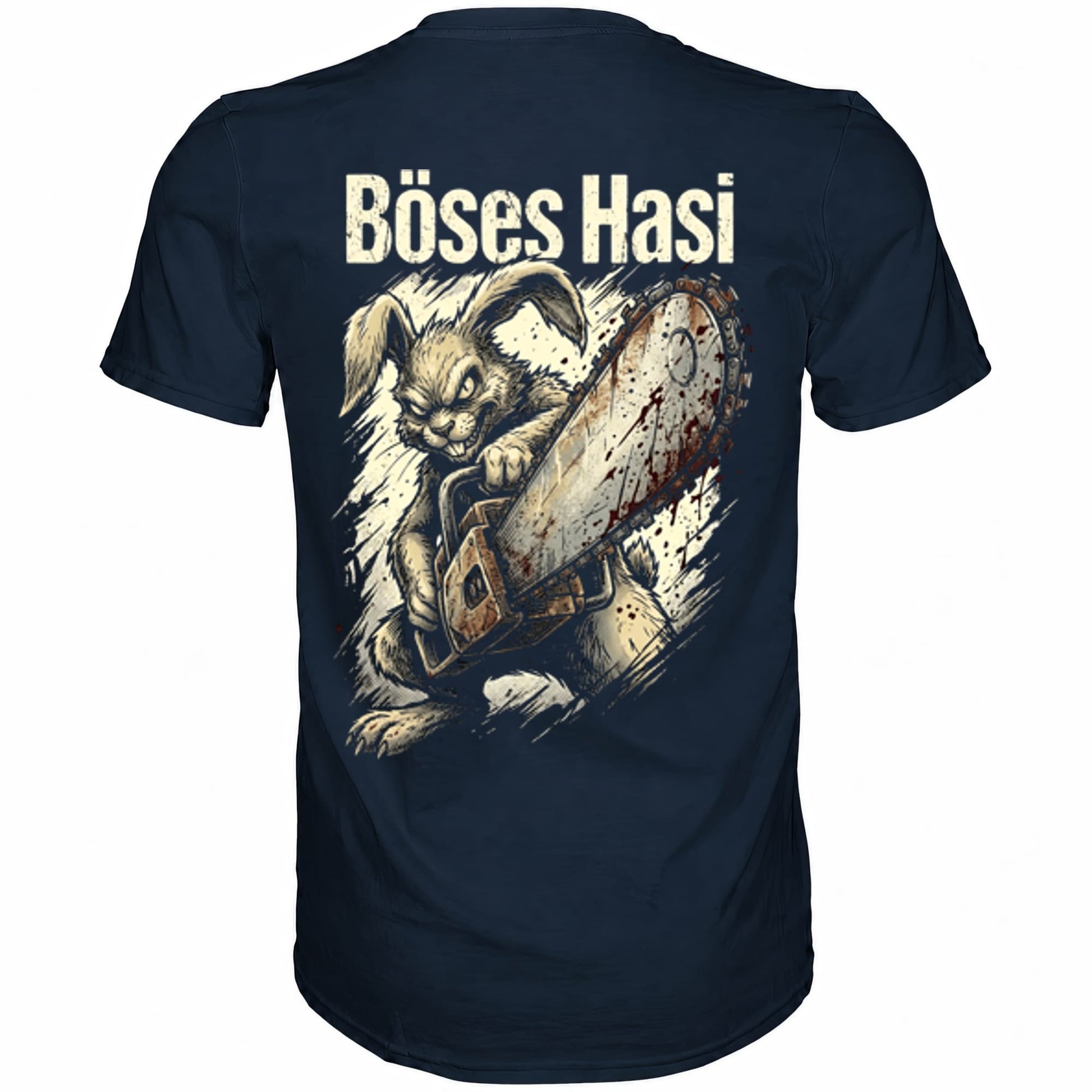 Blaues T-Shirt mit sarkastischem Spruch Böses Hasi II Rückansicht