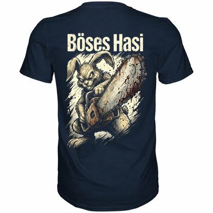 Blaues T-Shirt mit sarkastischem Spruch Böses Hasi II Rückansicht
