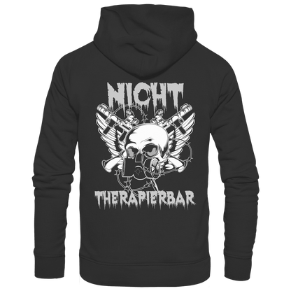 Rückansicht eines schwarzen Hoodies mit dem Spruch Nicht Therapierbar