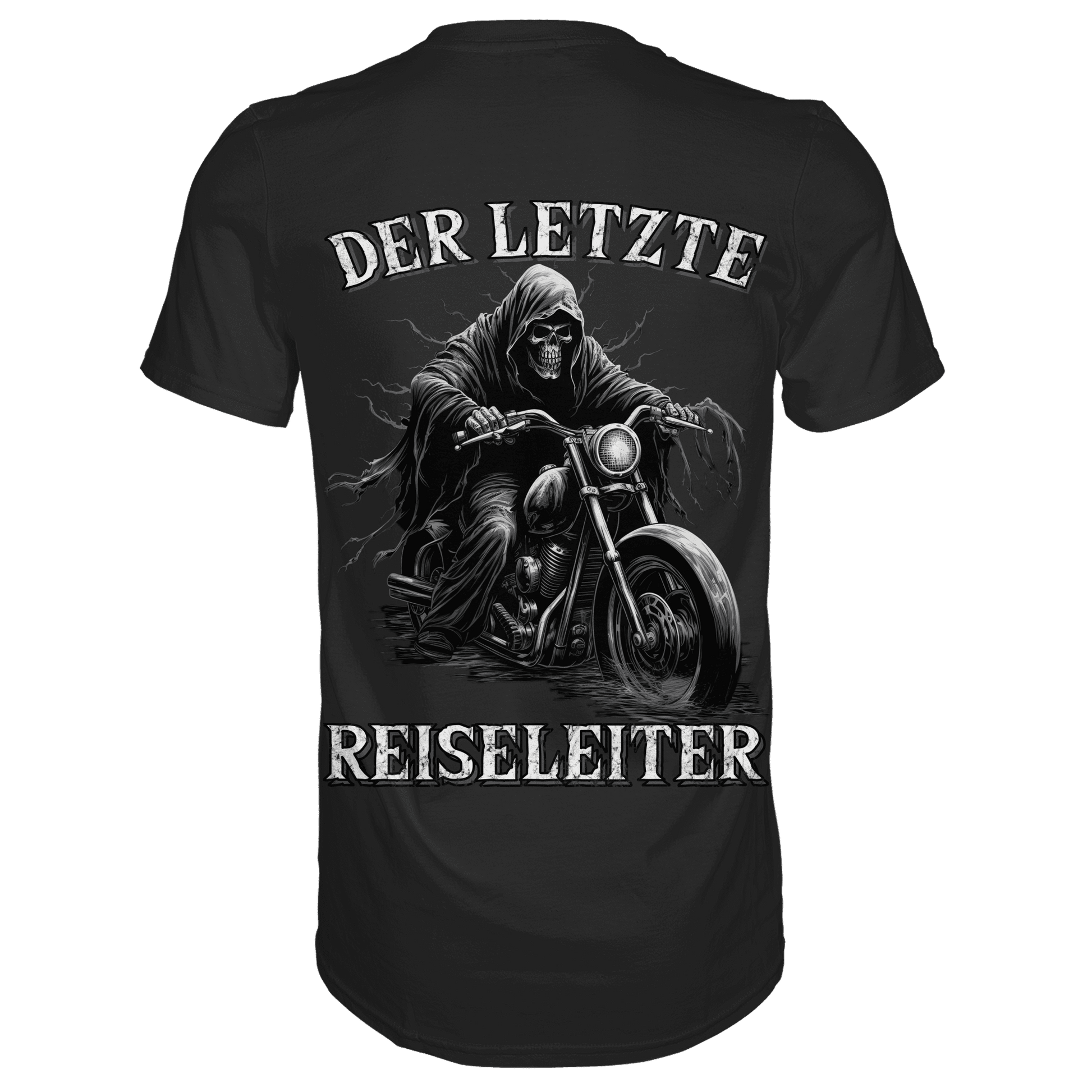Rückansicht eines schwarzen Shirts mit dem Spruch Der letzte Reiseleiter