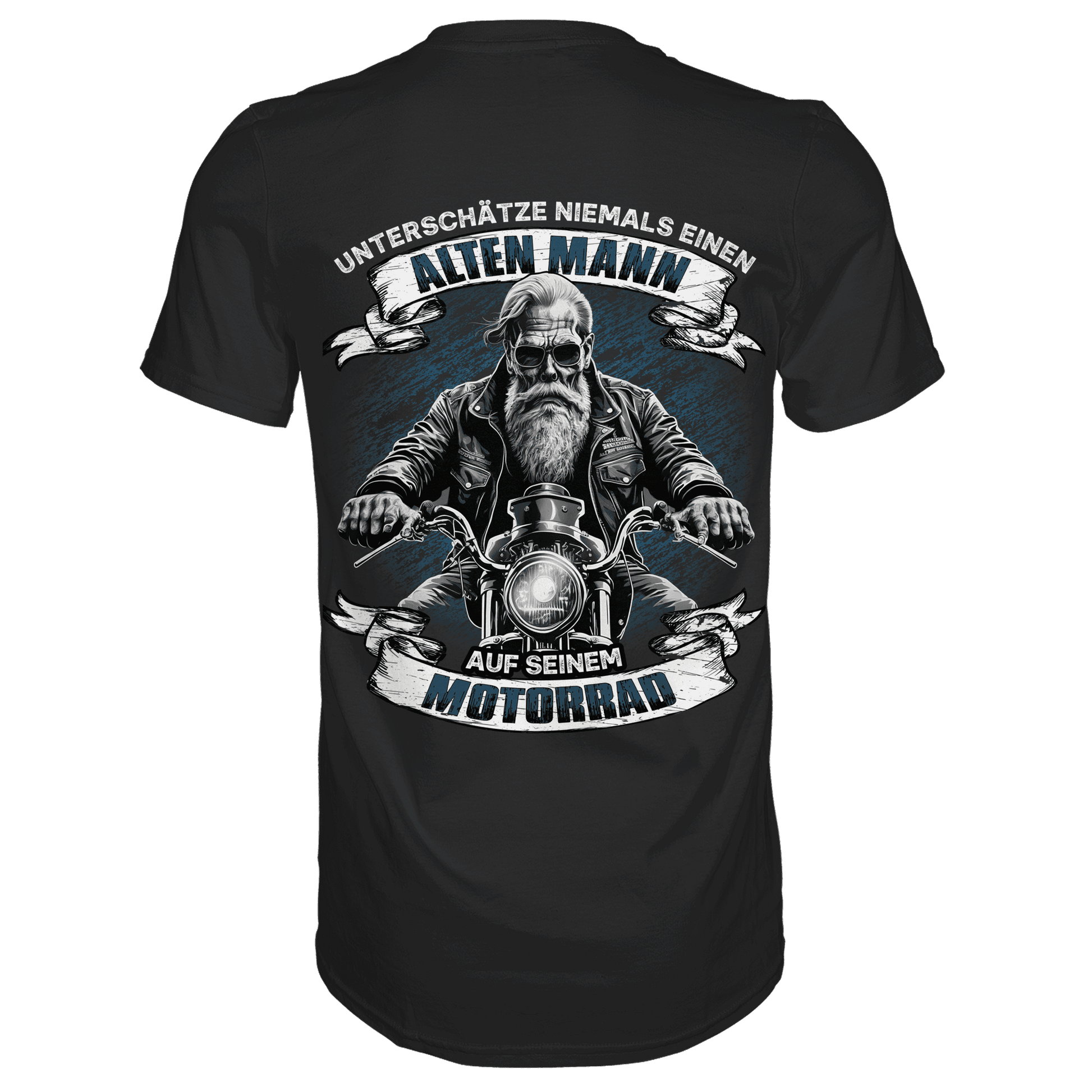 Rückansicht eines schwarzen Shirts mit dem Spruch Unterschätze niemals einen alten Mann auf seinem Motorrad