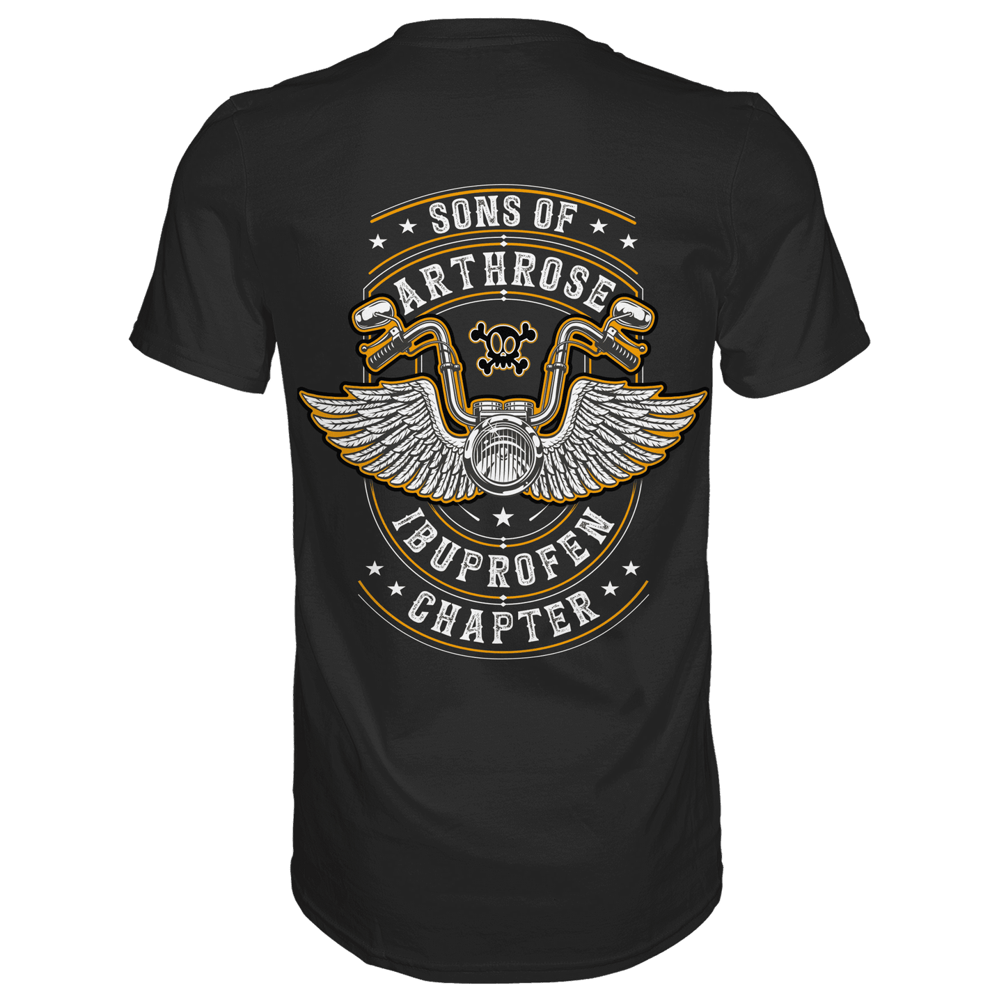 Rückansicht eines schwarzen Biker Shirts mit dem Spruch Sons of Arthrose Ibuprofen Chapter