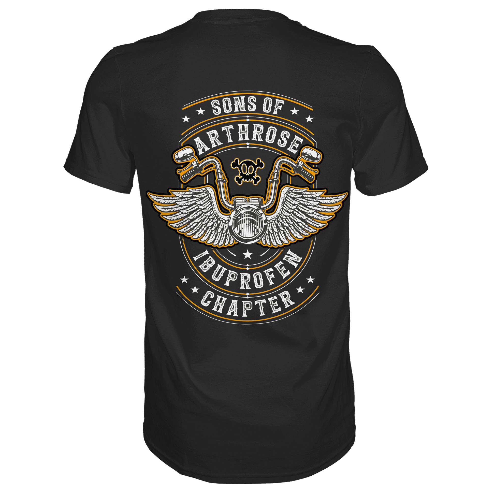Rückansicht eines schwarzen Biker Shirts mit dem Spruch Sons of Arthrose Ibuprofen Chapter