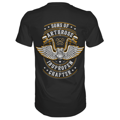 Rückansicht eines schwarzen Biker Shirts mit dem Spruch Sons of Arthrose Ibuprofen Chapter