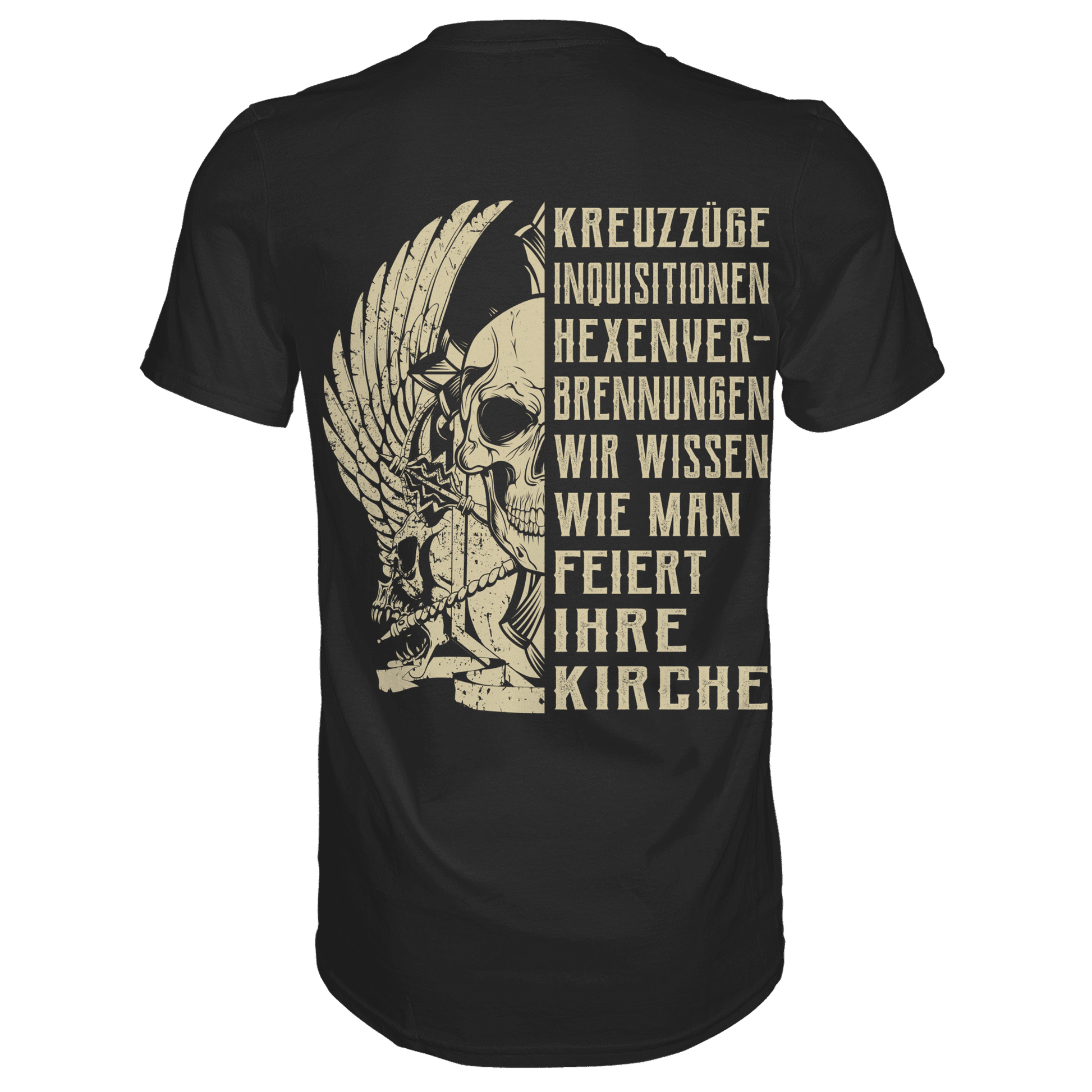 Rückansicht eines schwarzen Shirts mit dem Spruch Wir wissen wie man feiert ihre Kirche