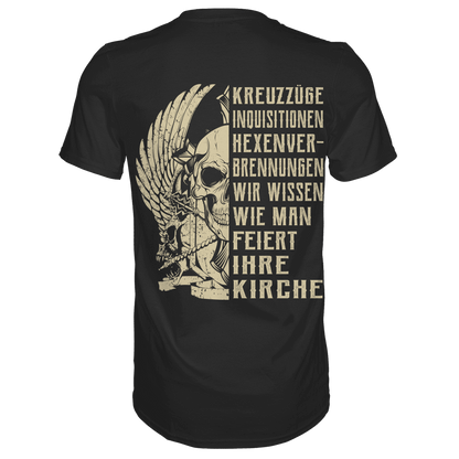 Rückansicht eines schwarzen Shirts mit dem Spruch Wir wissen wie man feiert ihre Kirche