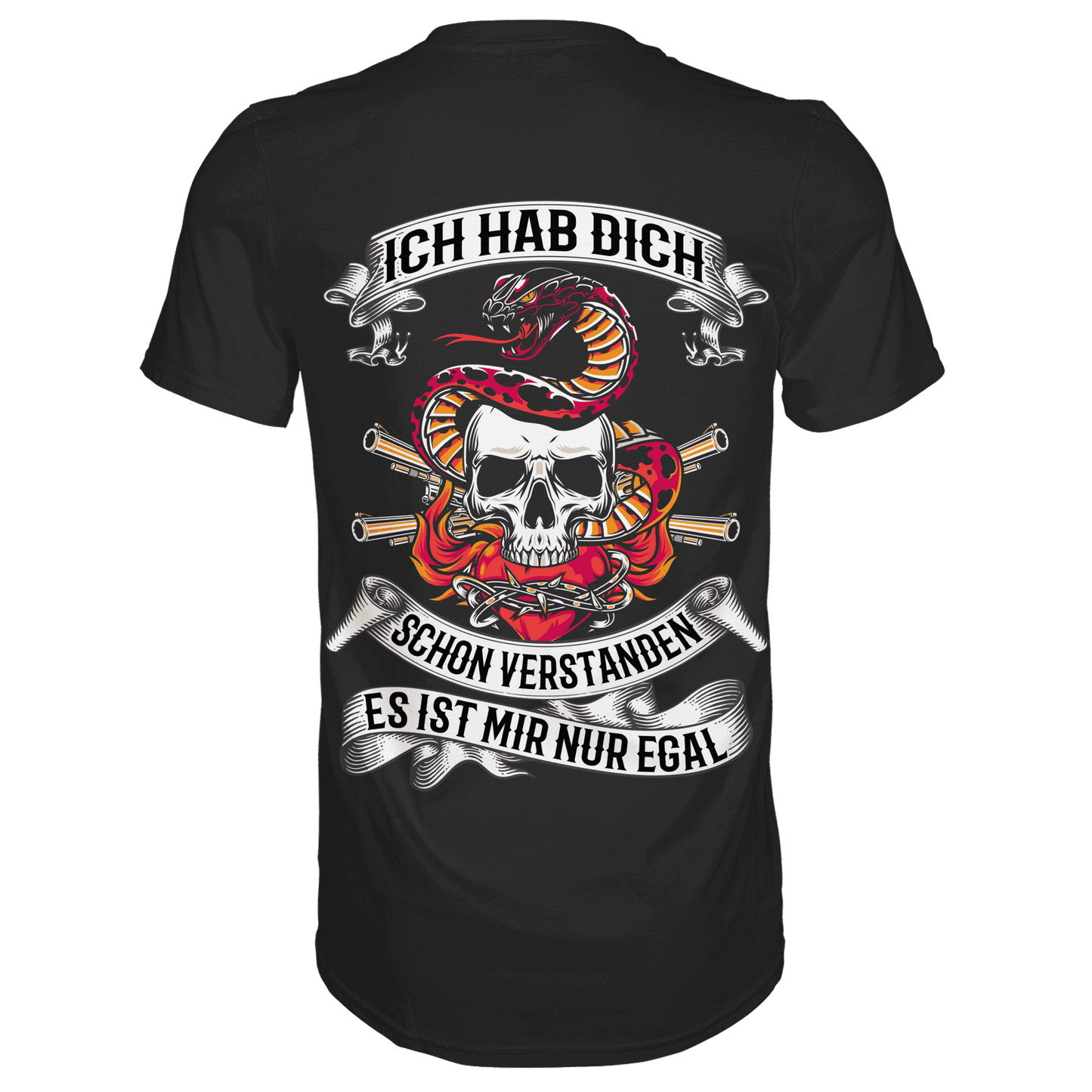 Rückansicht eines schwarzen Shirts mit dem Spruch Ich hab dich schon verstanden es ist mir nur egal