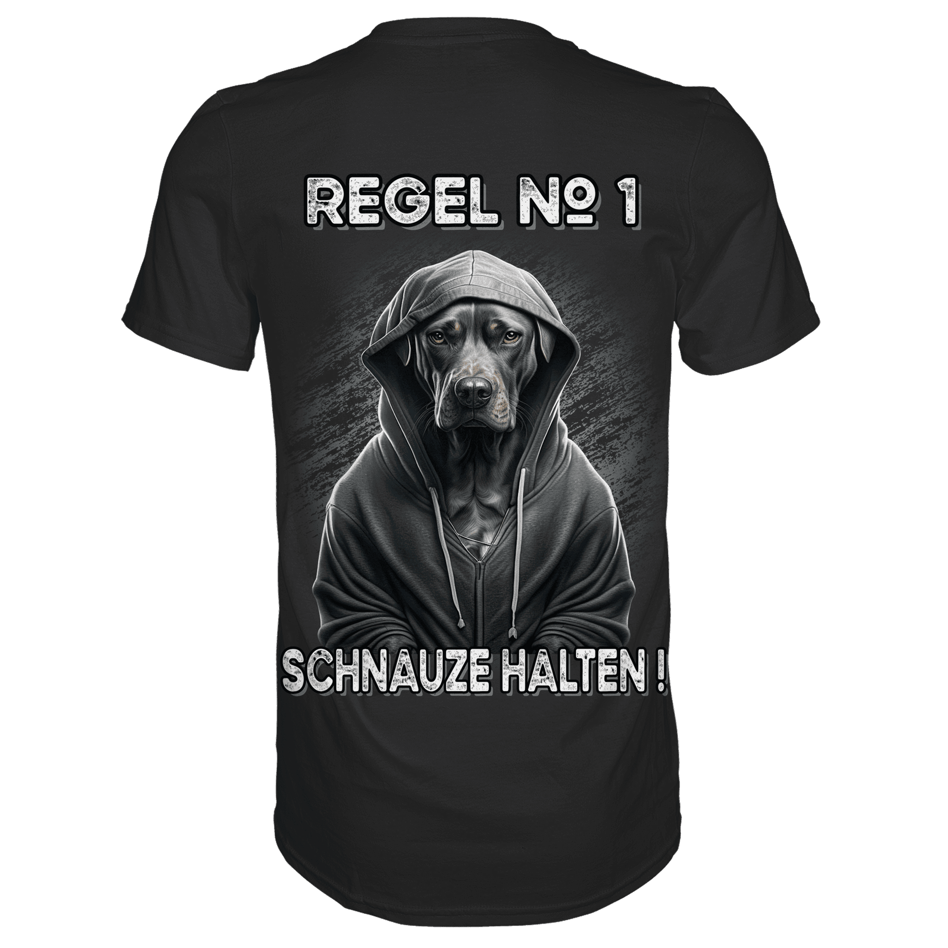 Rückansicht eines schwarzen Shirts mit dem witzigem Spruch Regel No1 Schnauze halten