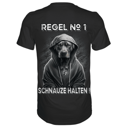 Rückansicht eines schwarzen Shirts mit dem witzigem Spruch Regel No1 Schnauze halten