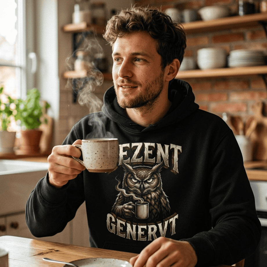Mann trägt einen schwarzen Hoodie mit einer grimmigen Eule und dem Spruch DEZENT GENERVT