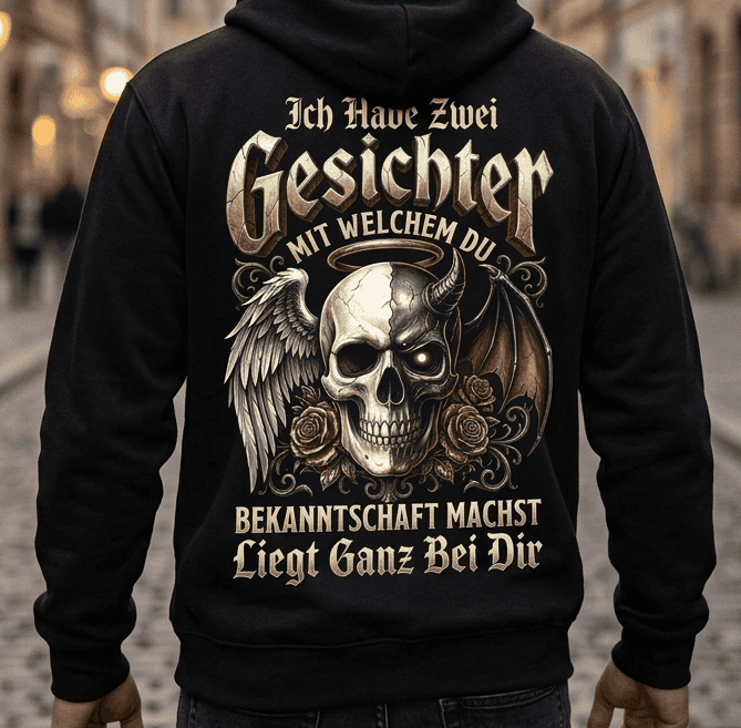 Rückansicht: Mann in schwarzem Hoodie mit humorvollem Engel-und-Teufel-Totenkopf-Motiv