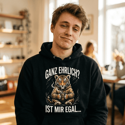 Mann trägt schwarzen Hoodie mit Tiger Motiv und Spruch GANZ EHRLICH? IST MIR EGAL...