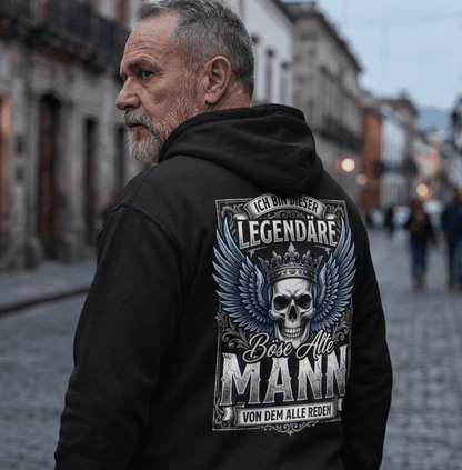 Schwarzer Hoodie mit humorvollem Totenkopf-Motiv in der Rückansicht.