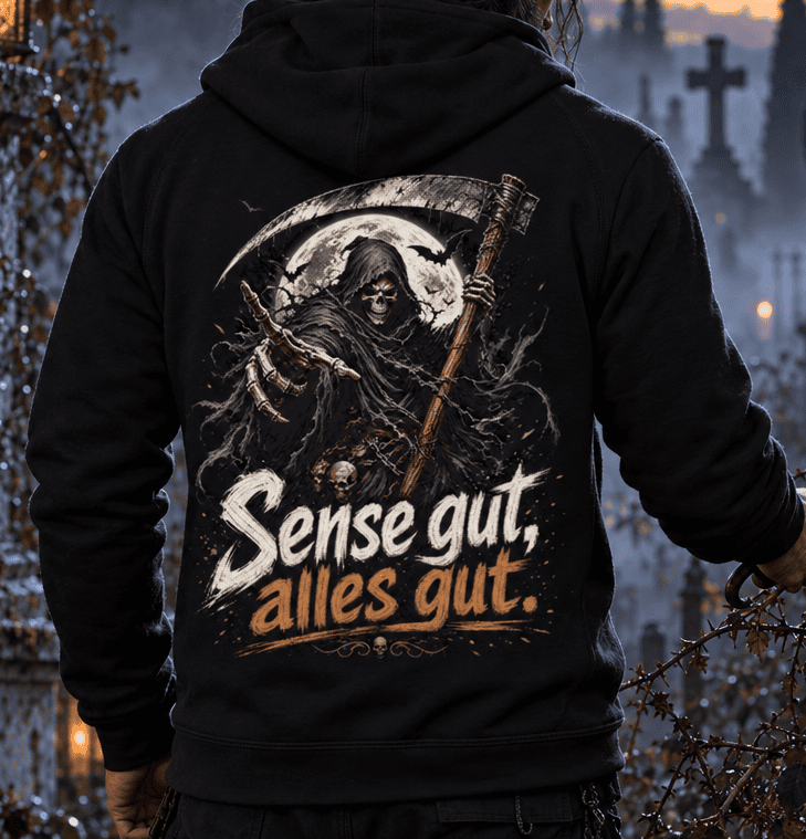 schwarzer Hoodie mit humorvollem Sensenmann Spruch Sense gut, alles gut. Rückansicht