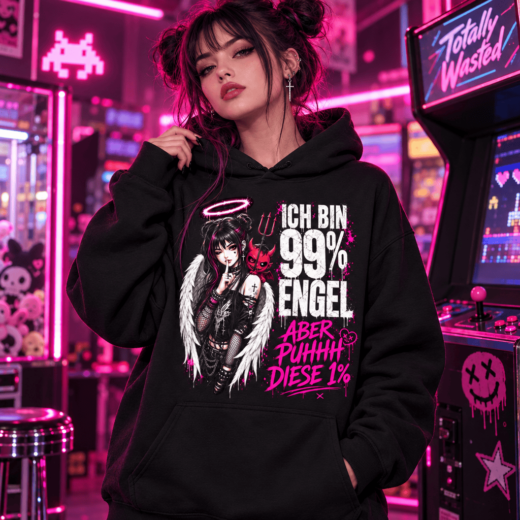 schwarzer Hoodie mit humorvoller Engel und Teufel Illustration