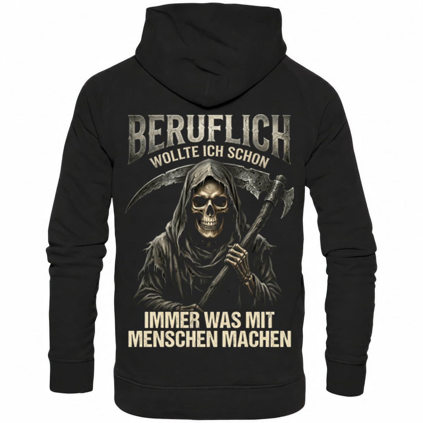Schwarzer Hoodie mit sarkastischem Beruflich wollte ich schon immer was mit Menschen machen III Spruch Rückansicht