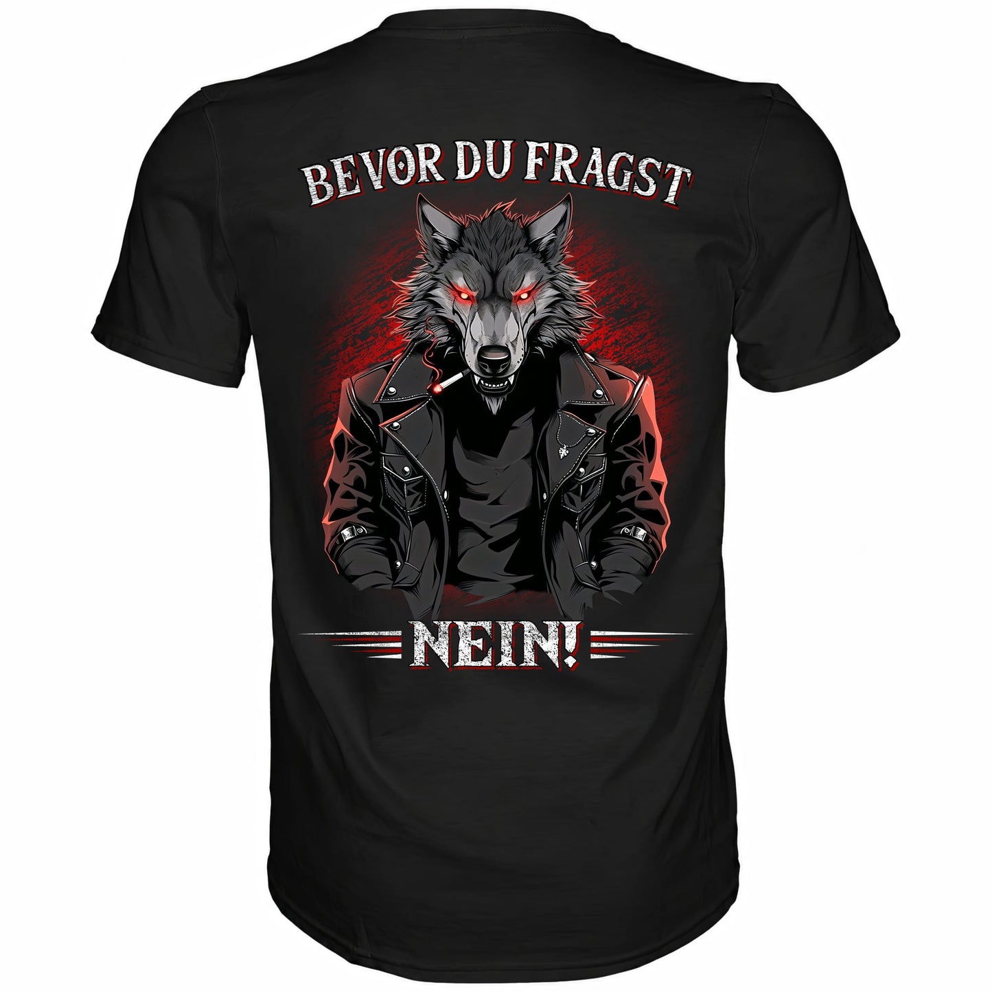 Rückansicht eines schwarzen Shirts mit dem lustigen Spruch Bevor du fragst Nein
