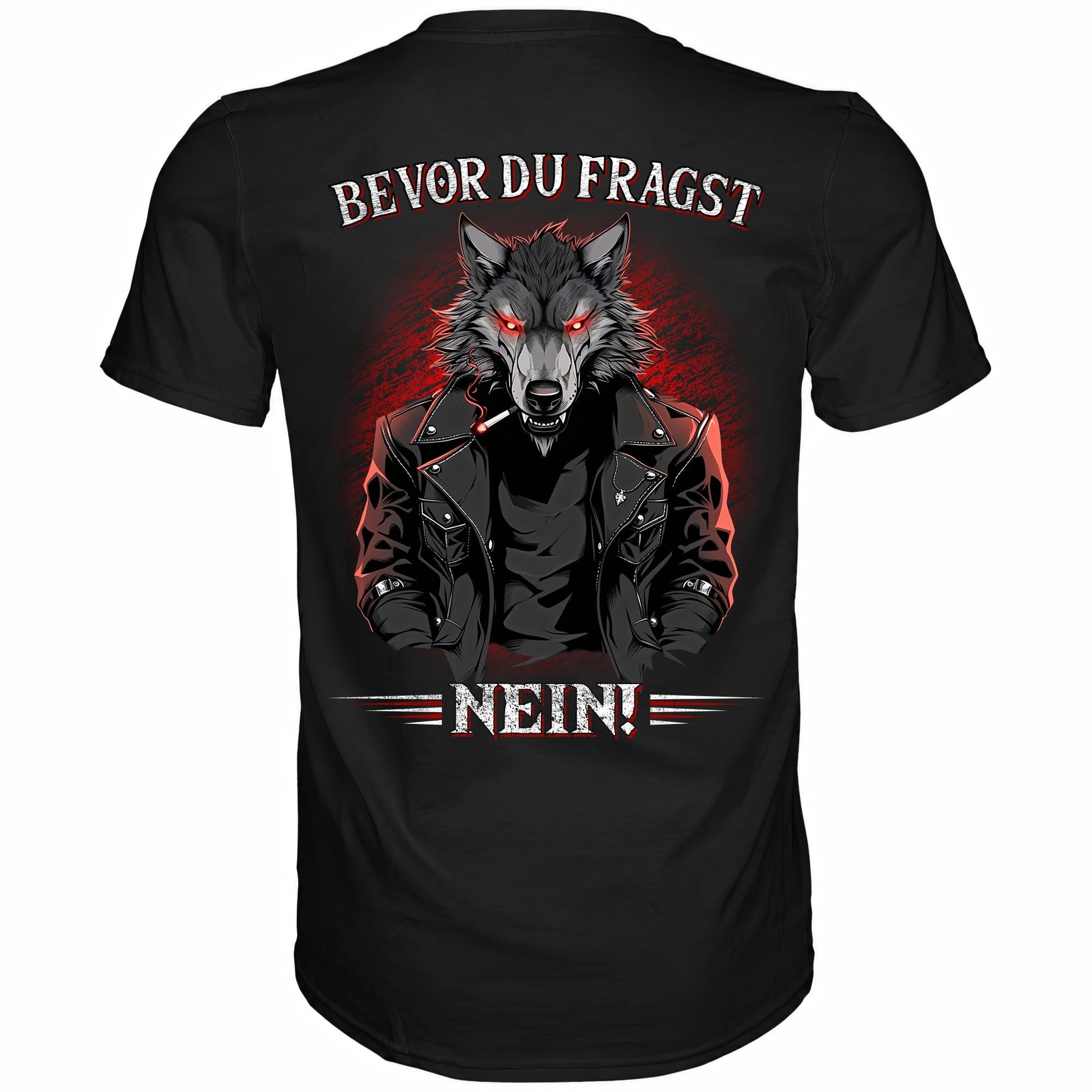 Rückansicht eines schwarzen Shirts mit dem lustigen Spruch Bevor du fragst Nein