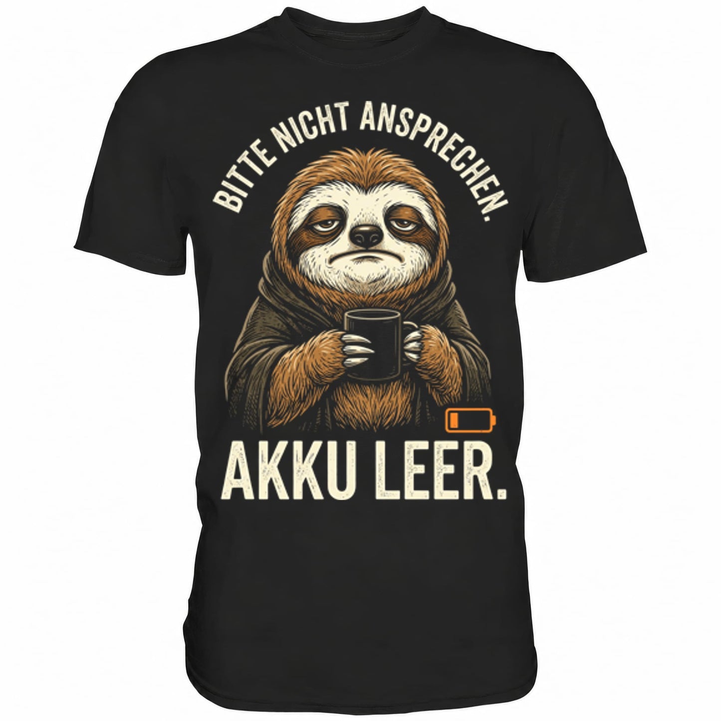 Schwarzes T-Shirt mit sarkastischem Spruch Bitte nicht ansprechen Akku leer