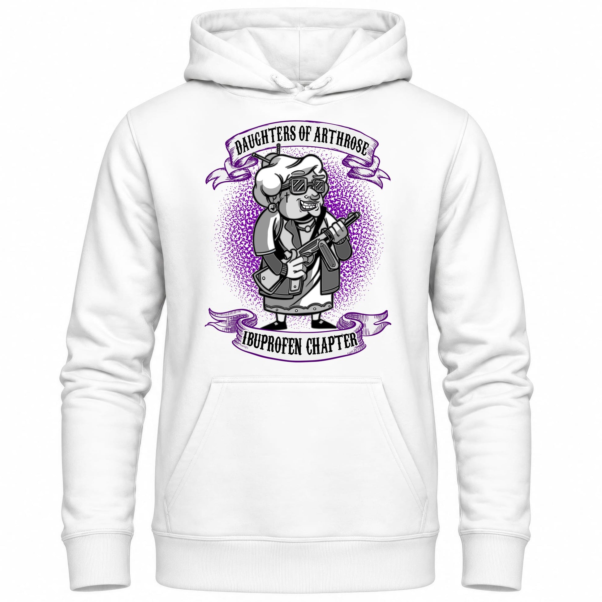 Weißer Hoodie mit sarkastischem Spruch Daughters of Arthrose Ibuprofen Chapter