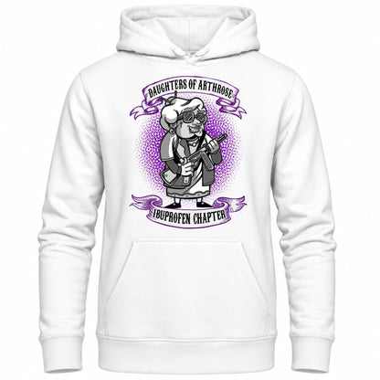 Weißer Hoodie mit sarkastischem Spruch Daughters of Arthrose Ibuprofen Chapter