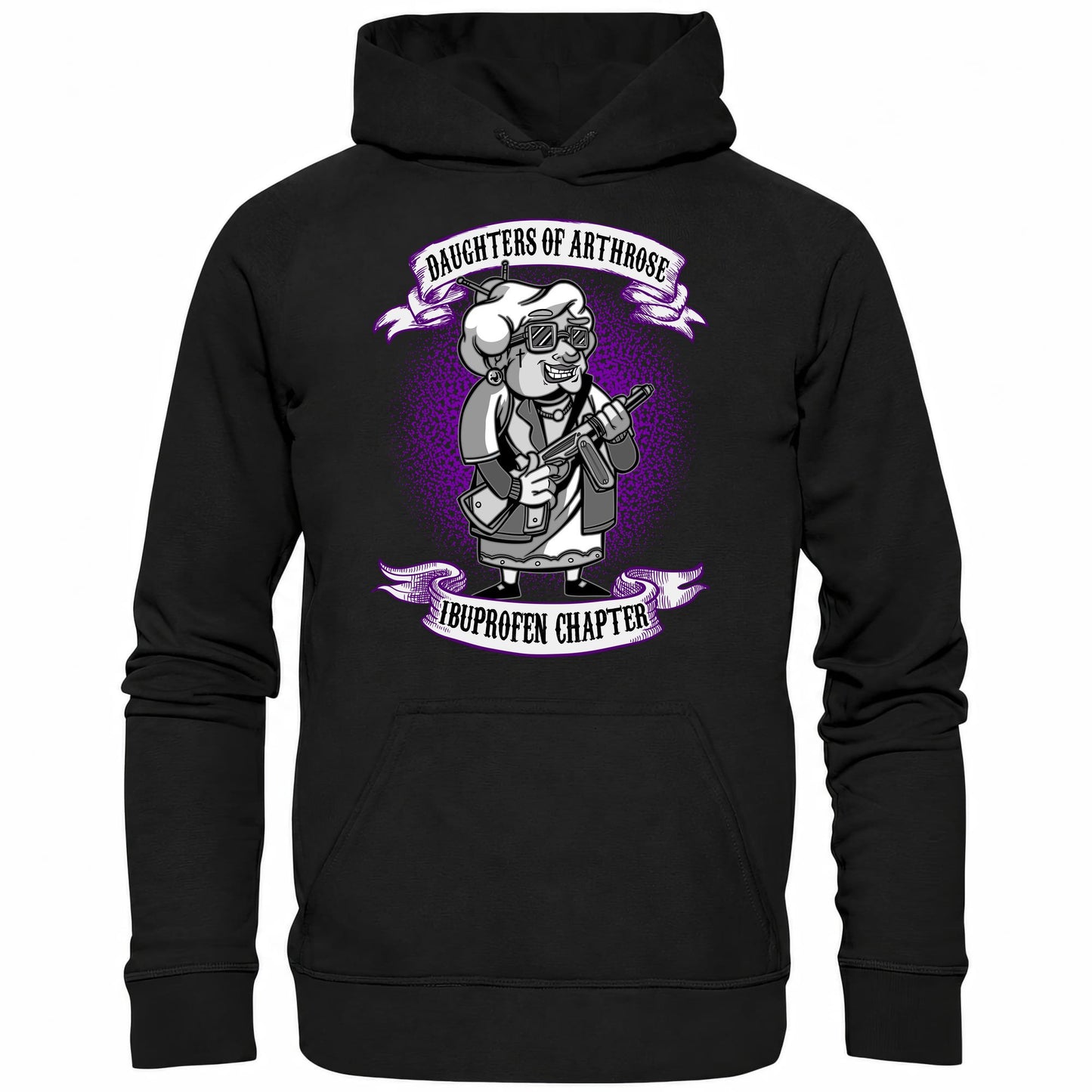 Schwarzer Hoodie mit sarkastischem Spruch Daughters of Arthrose Ibuprofen Chapter