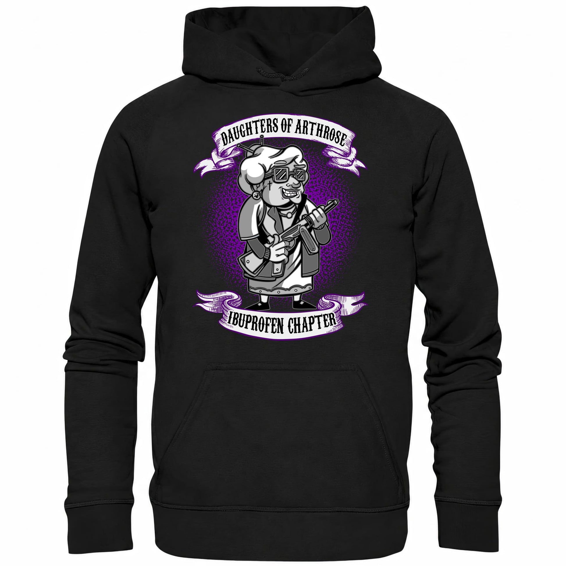 Schwarzer Hoodie mit sarkastischem Spruch Daughters of Arthrose Ibuprofen Chapter