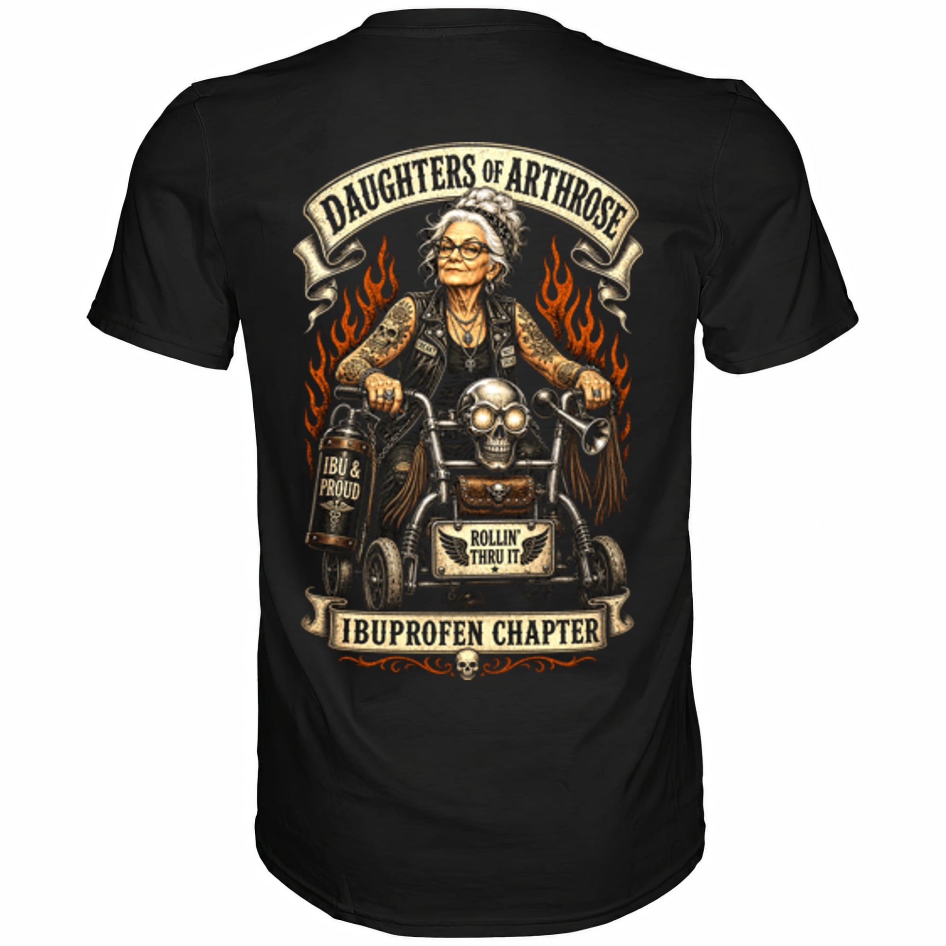 Schwarzes T-Shirt mit sarkastischem Spruch Daughters of Arthrose II Rückansicht