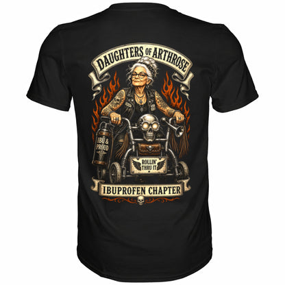 Schwarzes T-Shirt mit sarkastischem Spruch Daughters of Arthrose II Rückansicht