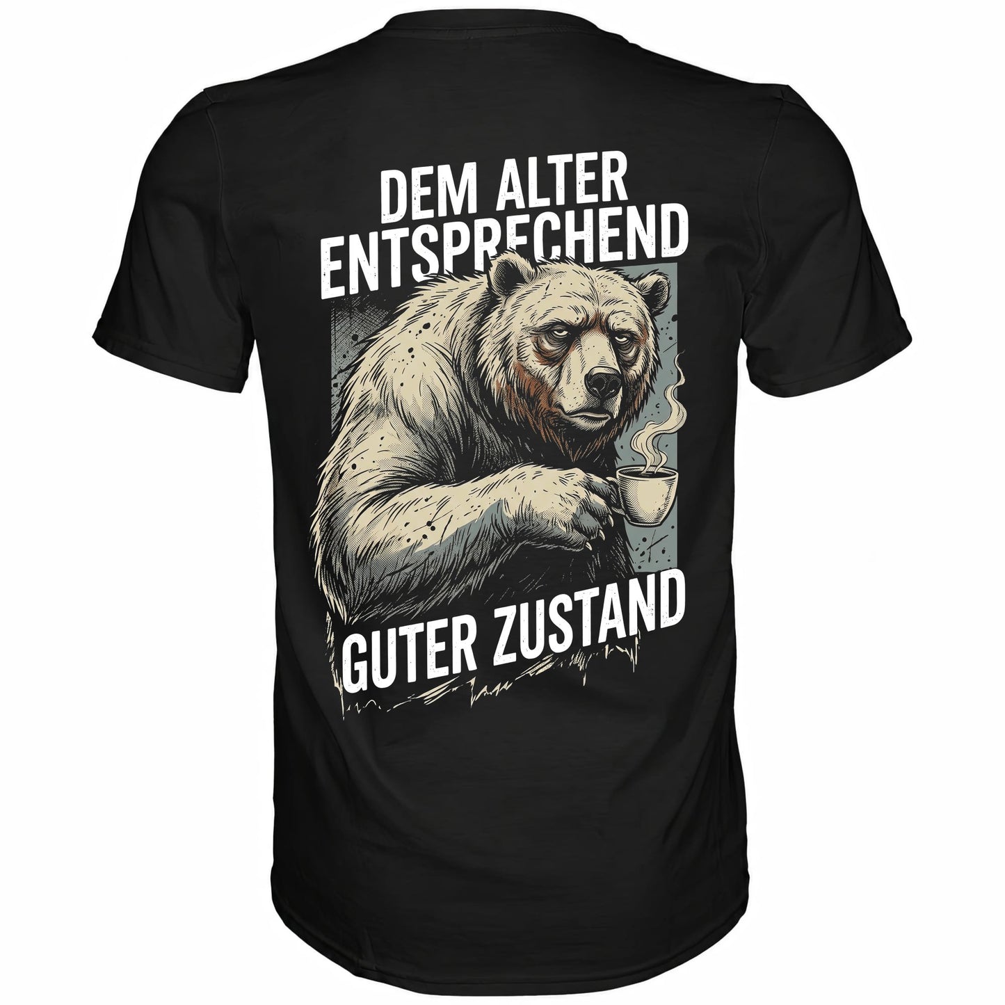 Schwarzes T-Shirt mit sarkastischem Spruch Dem Alter entsprechend guter Zustand Rückansicht