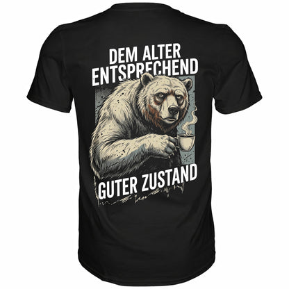 Schwarzes T-Shirt mit sarkastischem Spruch Dem Alter entsprechend guter Zustand Rückansicht