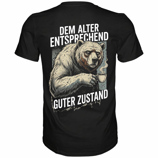 Schwarzes T-Shirt mit sarkastischem Spruch Dem Alter entsprechend guter Zustand Rückansicht