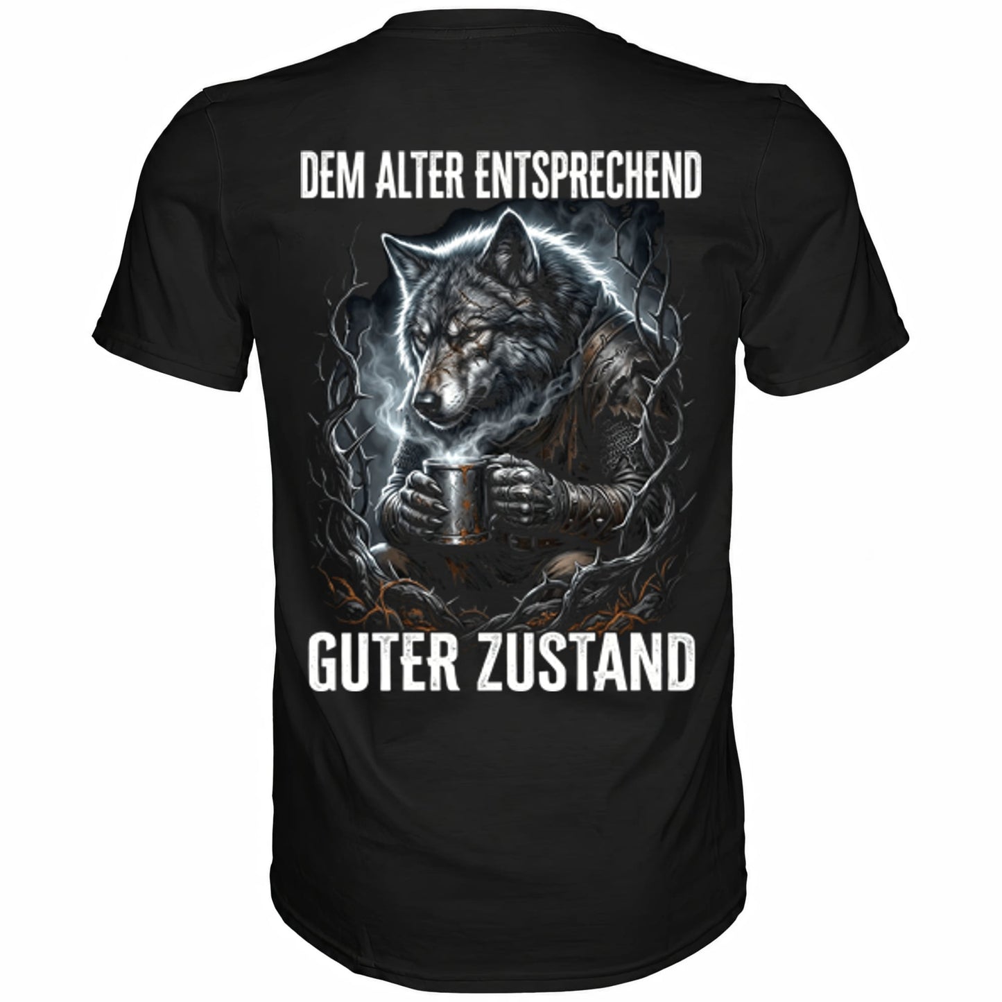 Schwarzes T-Shirt mit sarkastischem Spruch Dem Alter entsprechend guter Zustand II Rückansicht