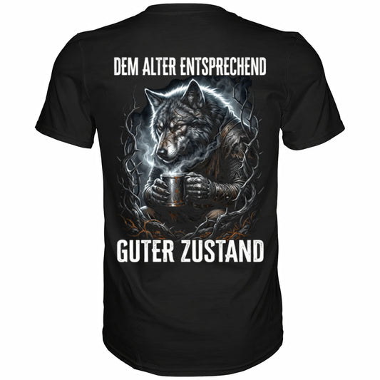 Schwarzes T-Shirt mit sarkastischem Spruch Dem Alter entsprechend guter Zustand II Rückansicht
