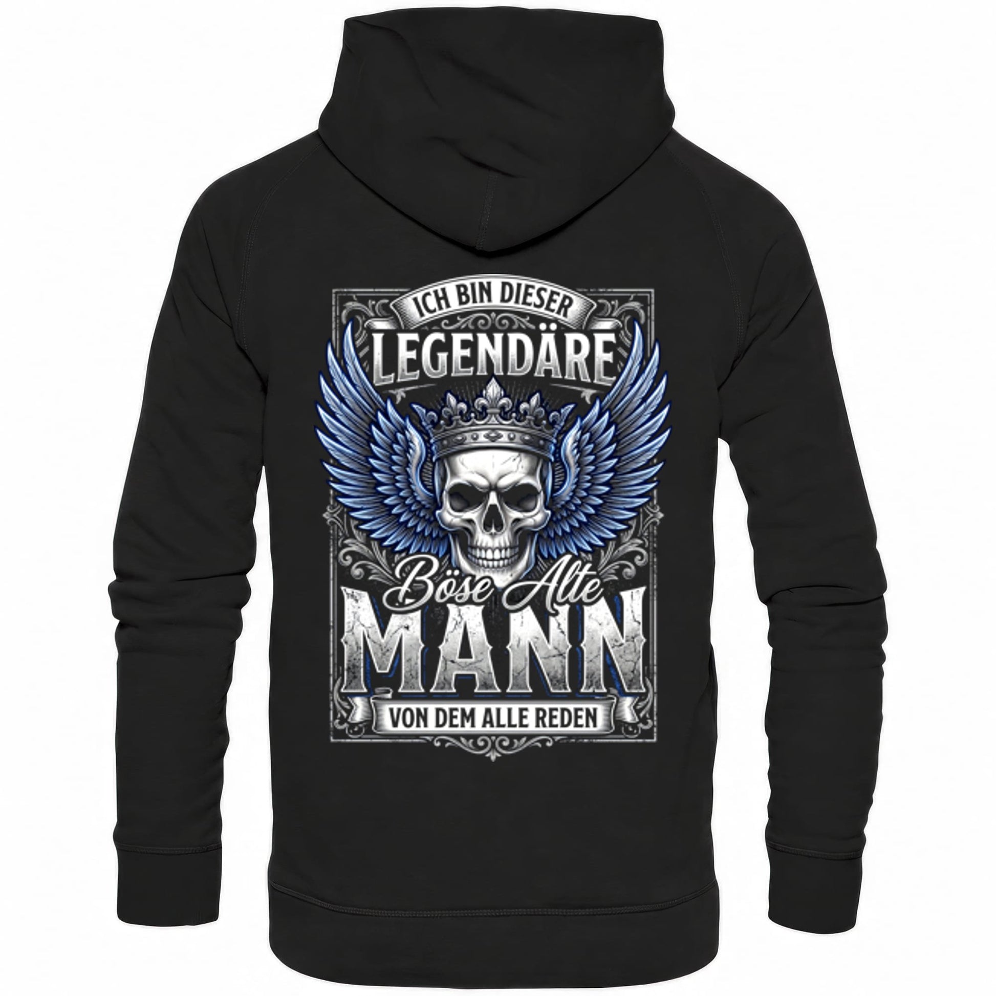 Schwarzer Hoodie mit sarkastischem Spruch Der legendäre böse alte Mann von dem alle reden Rückansicht