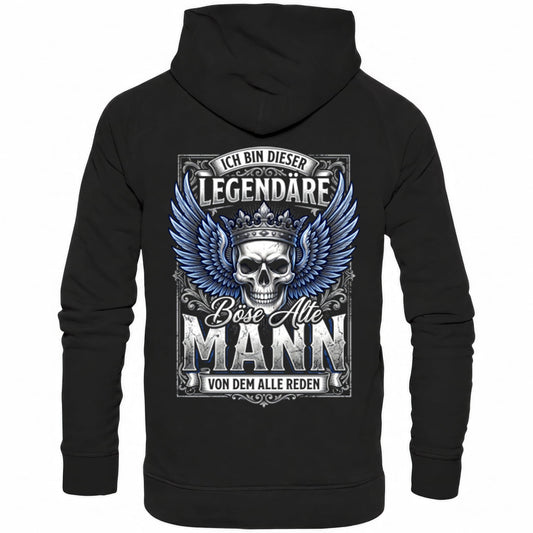 Schwarzer Hoodie mit sarkastischem Spruch Der legendäre böse alte Mann von dem alle reden Rückansicht