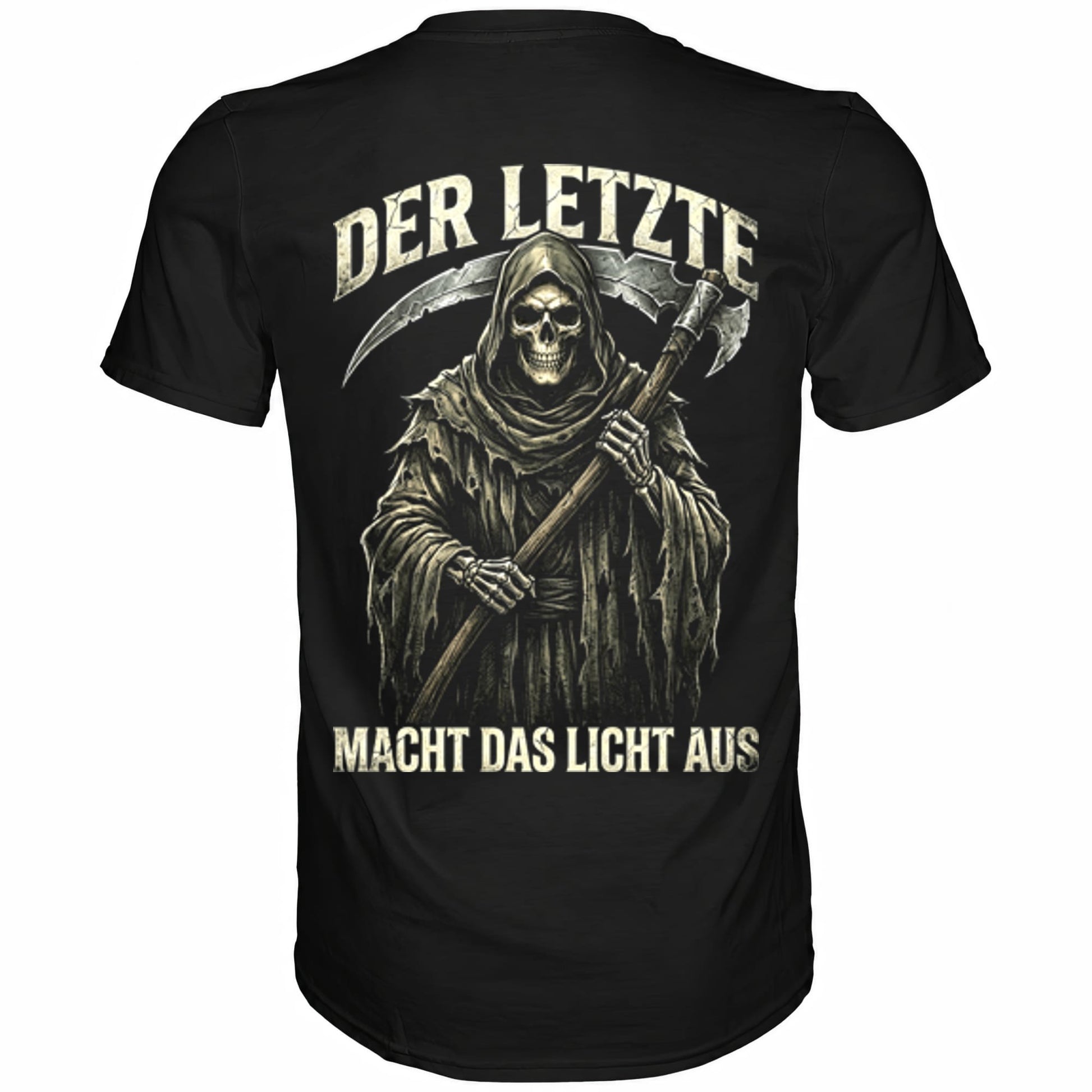 Schwarzes T-Shirt mit sarkastischem Spruch Der Letzte macht das Licht aus Rückansicht