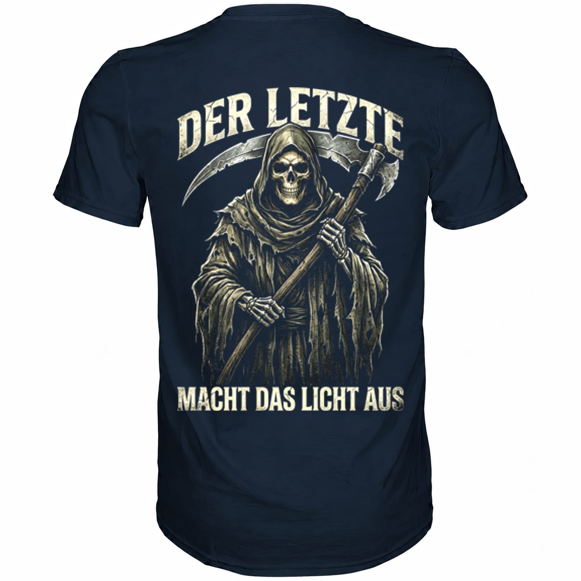 Blaues T-Shirt mit sarkastischem Spruch Der Letzte macht das Licht aus Rückansicht