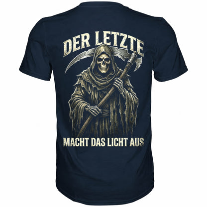 Blaues T-Shirt mit sarkastischem Spruch Der Letzte macht das Licht aus Rückansicht