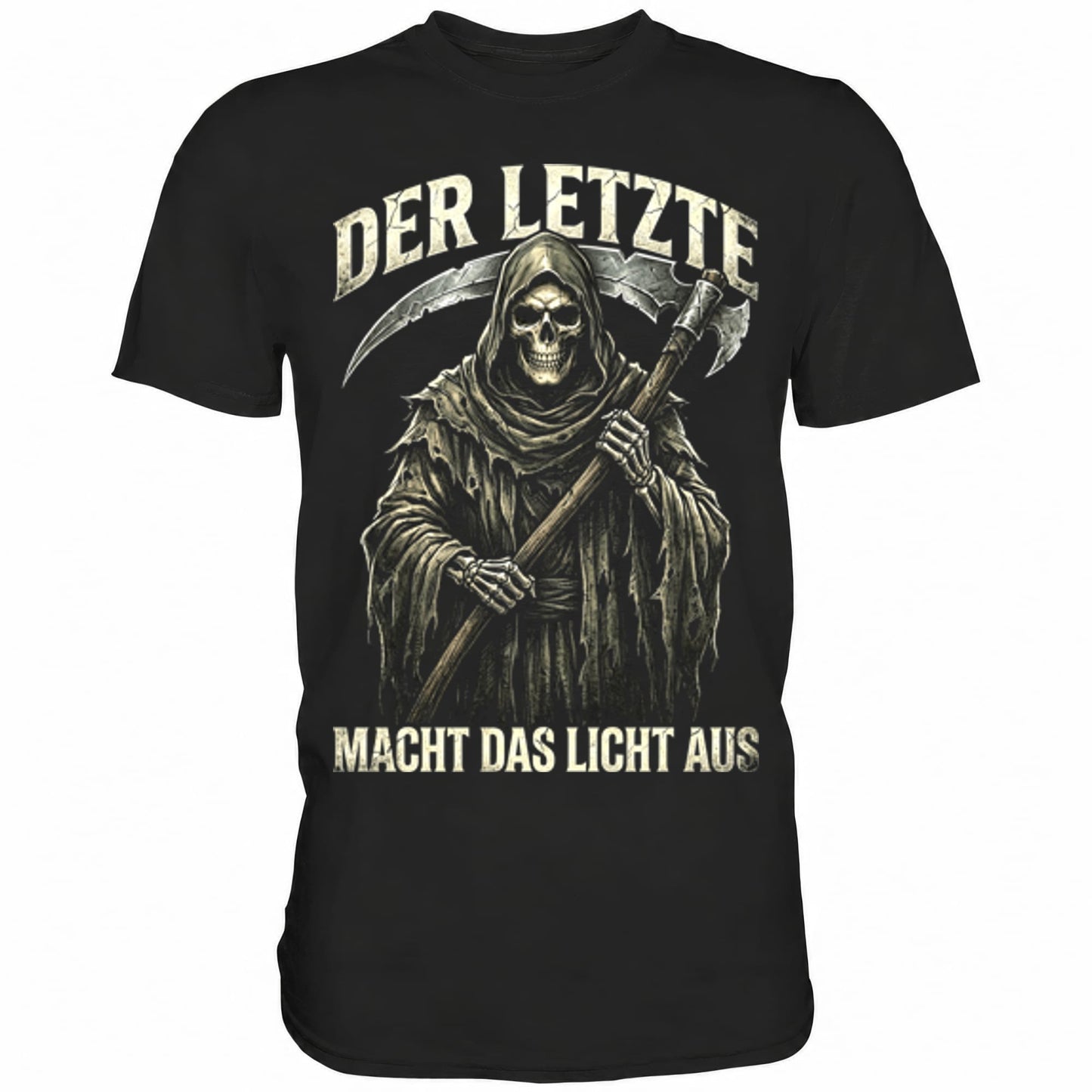 Schwarzes T-Shirt mit sarkastischem Spruch Der Letzte macht das Licht aus