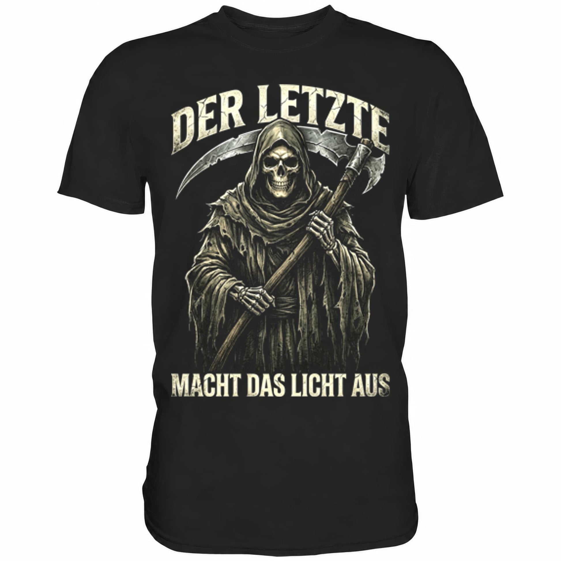 Schwarzes T-Shirt mit sarkastischem Spruch Der Letzte macht das Licht aus