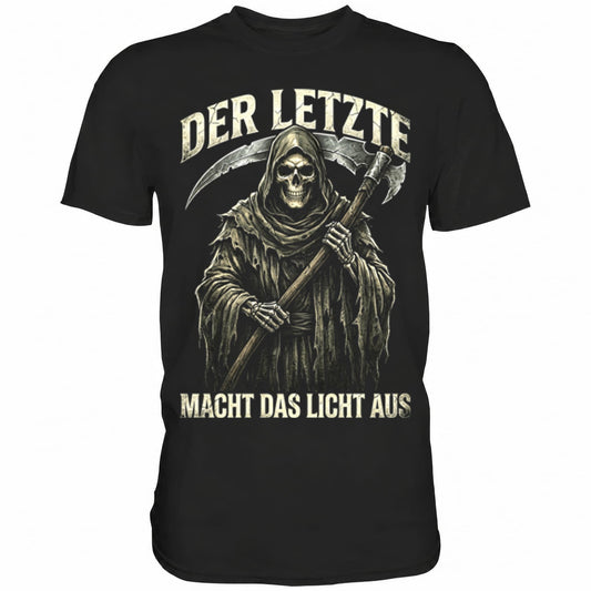 Schwarzes T-Shirt mit sarkastischem Spruch Der Letzte macht das Licht aus