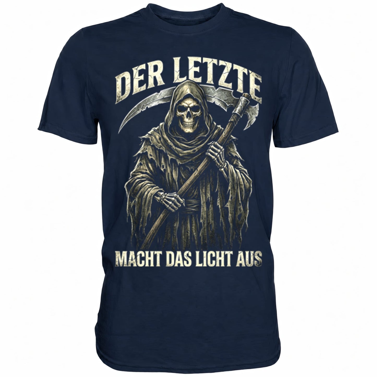 Blaues T-Shirt mit sarkastischem Spruch Der Letzte macht das Licht aus